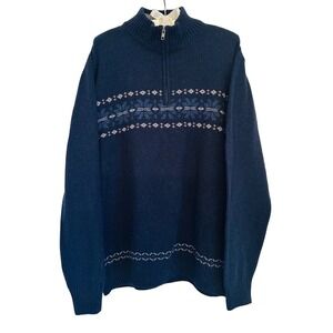Haggar Lambswool Cotton Blend 1/4 Zip Fair Isle Nordic Men's Sz L Navy Sweater